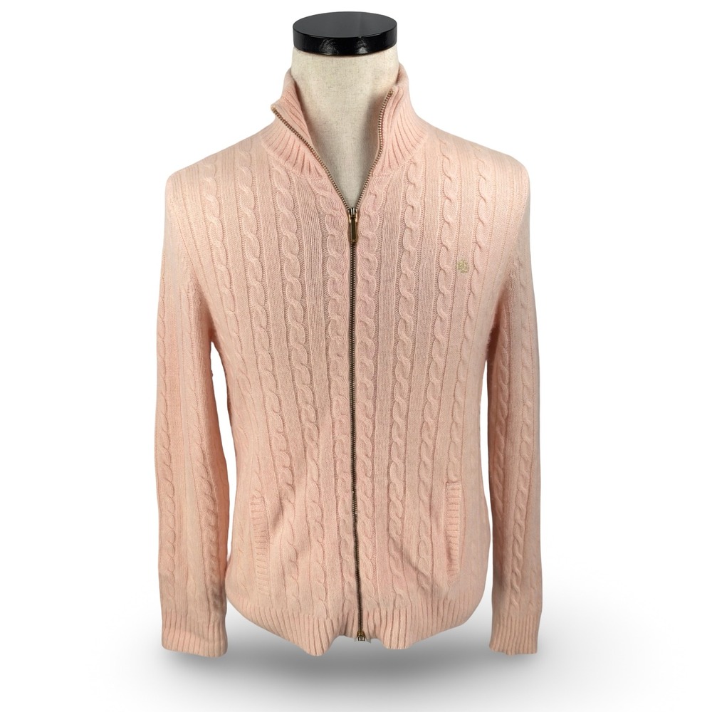 Lauren Ralph Lauren Pink 100% Cashmere Cable Knit Full Zip Cardigan Sweater L
